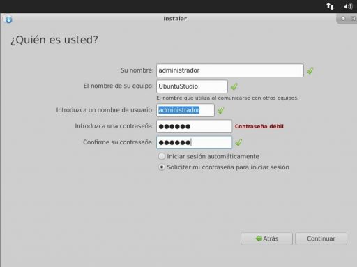 instalación Ubuntu Studio 18.04 configurar inicio de sesión