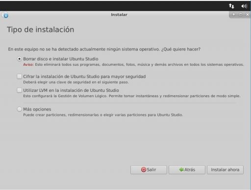instalación Ubuntu Studio 18.04 tipo de instalación
