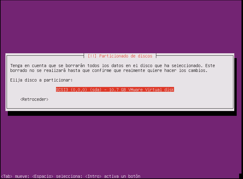 instalar ubuntu minimal 18.04 seleccion de disco