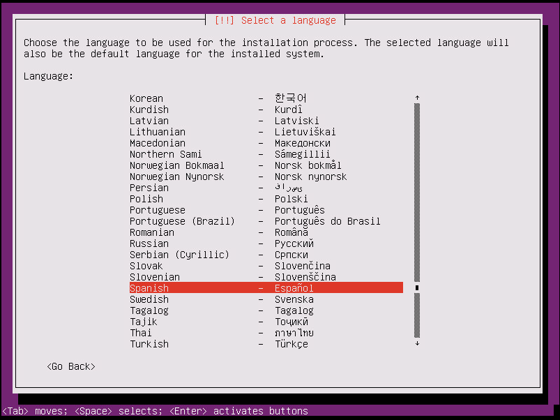 instalar ubuntu minimal 18.04 seleccion de idioma