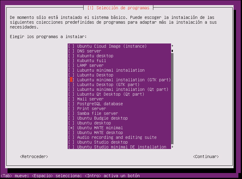 instalar ubuntu minimal 18.04 seleccion de programas