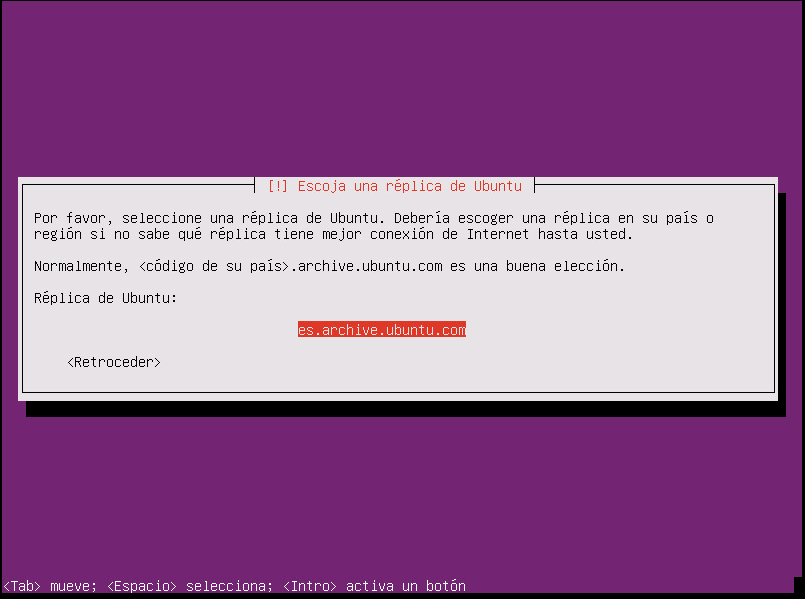 instalar ubuntu minimal 18.04 seleccionar ubicación es.archive.ubuntu.com
