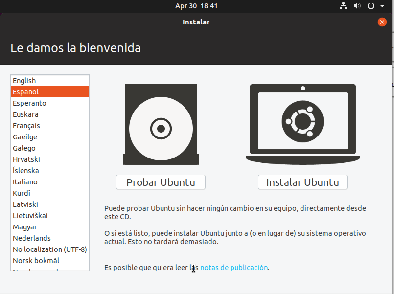 instalar ubuntu 19.04 Bienvenida