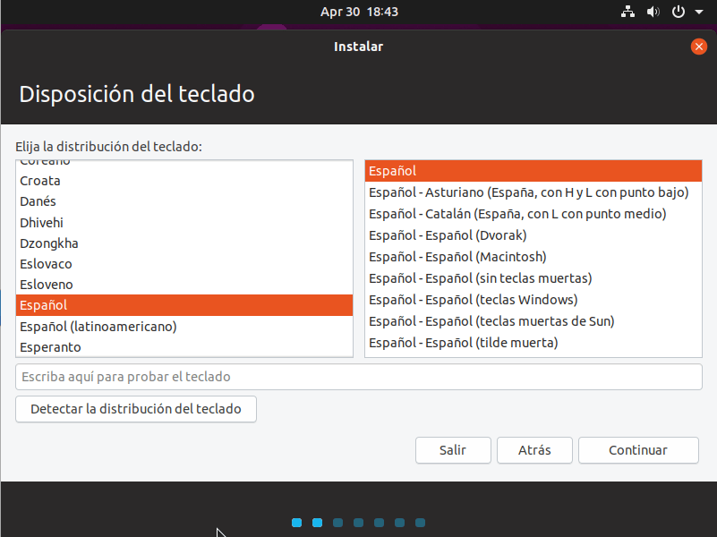instalar ubuntu 19.04 distribucion del teclado