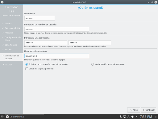 INSTALAR LINUX MINT 18.3 KDE usuario
